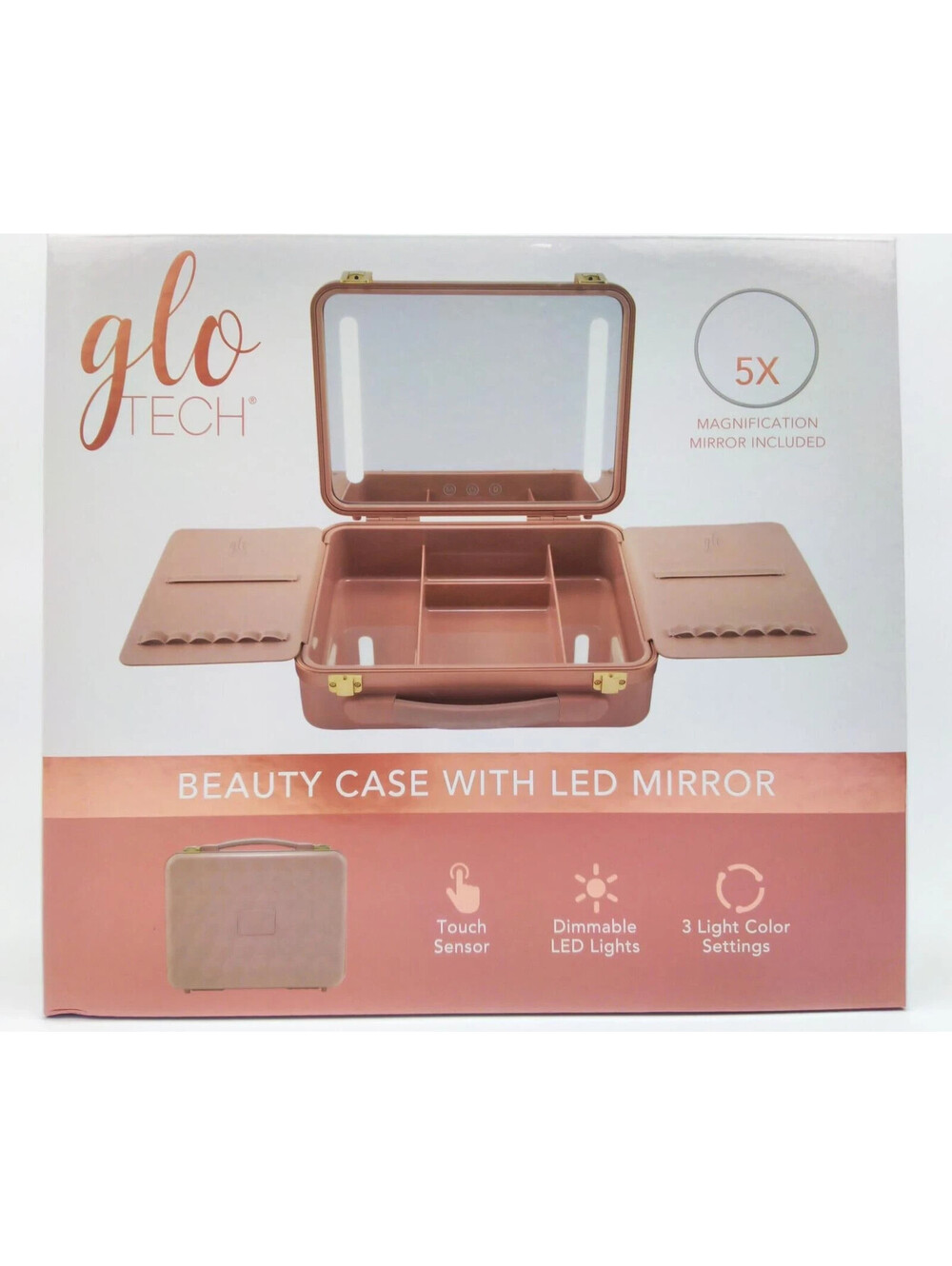 Glo Tech Beauty Case Organizer LED Mirror Touch Sensor 3 Light Settings NEW
